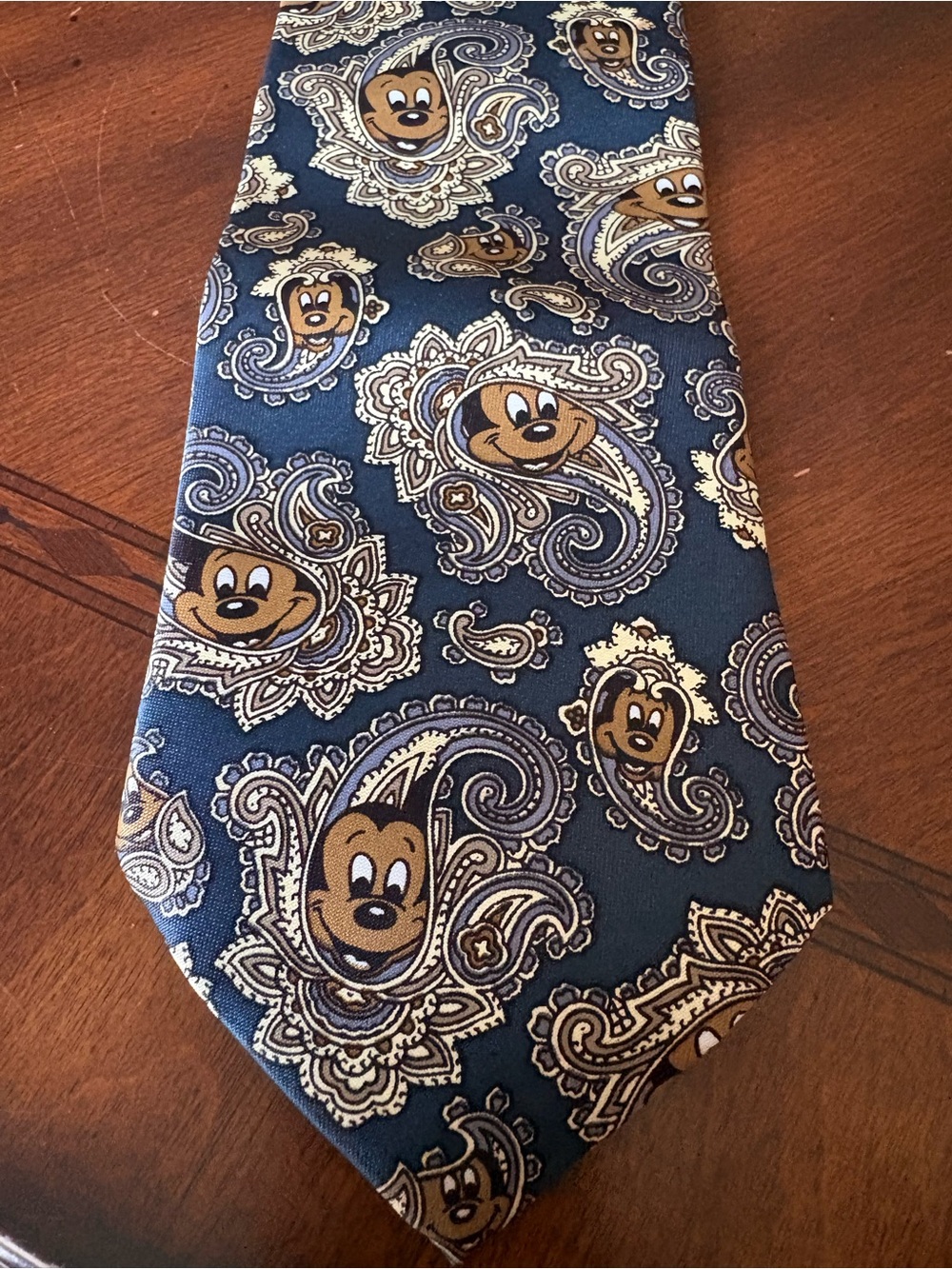 Men's Disney theme Navy Paisley Tie with Gold Cartoon Motif silk